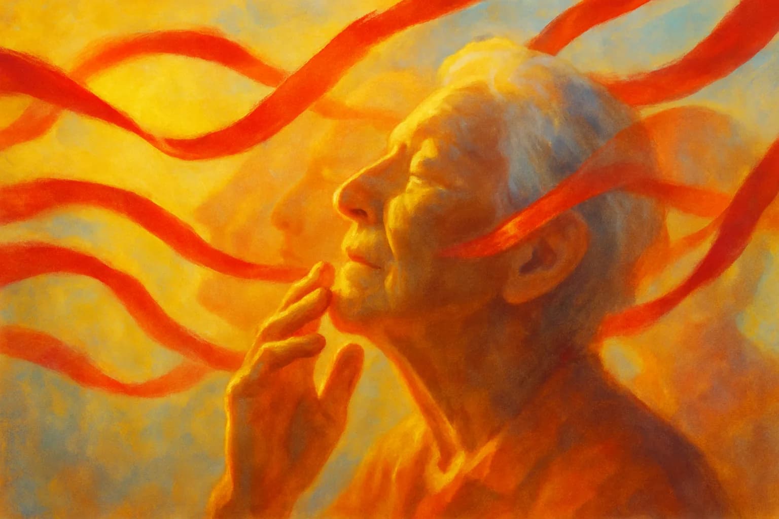 Artwork for "Ribbons", drawn from the lines: Ribbons unfurl and dance across; your field of vision in the sunshine, their curls